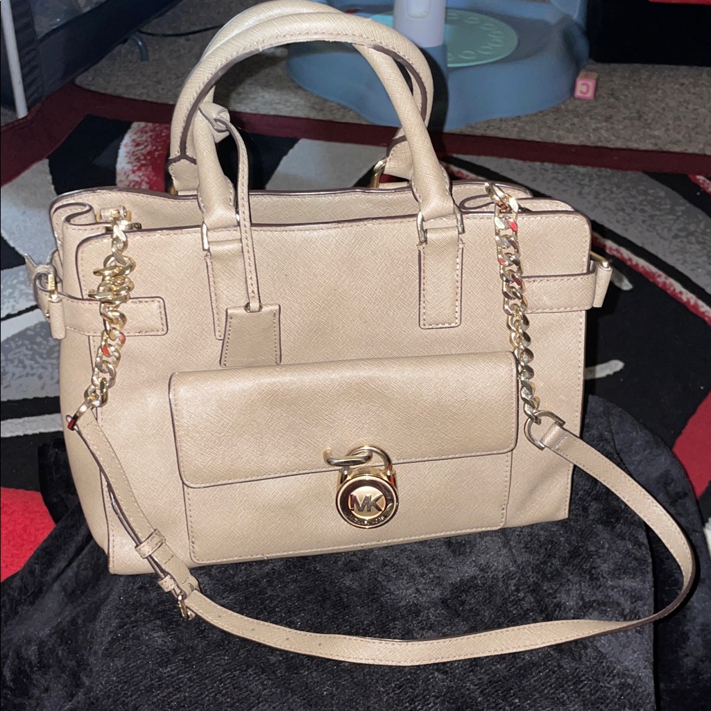 Michael Kors Emma Dark Dune Saffino Leather Satchel With Gold Accents 12”W X 8”
